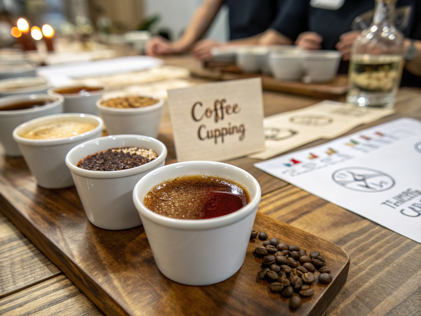 Coffee professional cupping fresh roasts in a bright studio