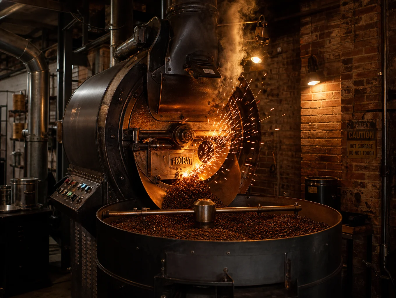 Artisan roasting coffee beans in a cast-iron drum roaster
